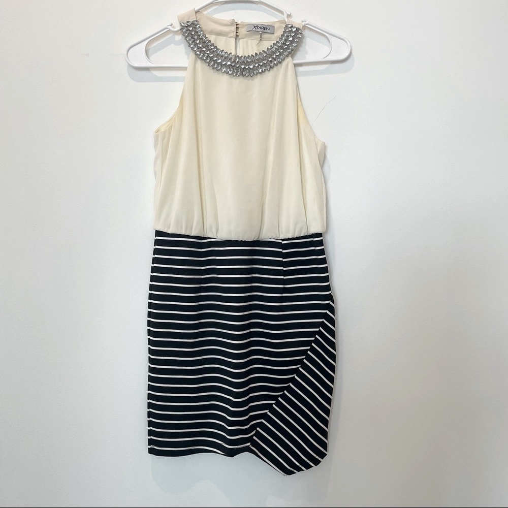 White Black Dress with Jeweled Halter Neckline - Formal